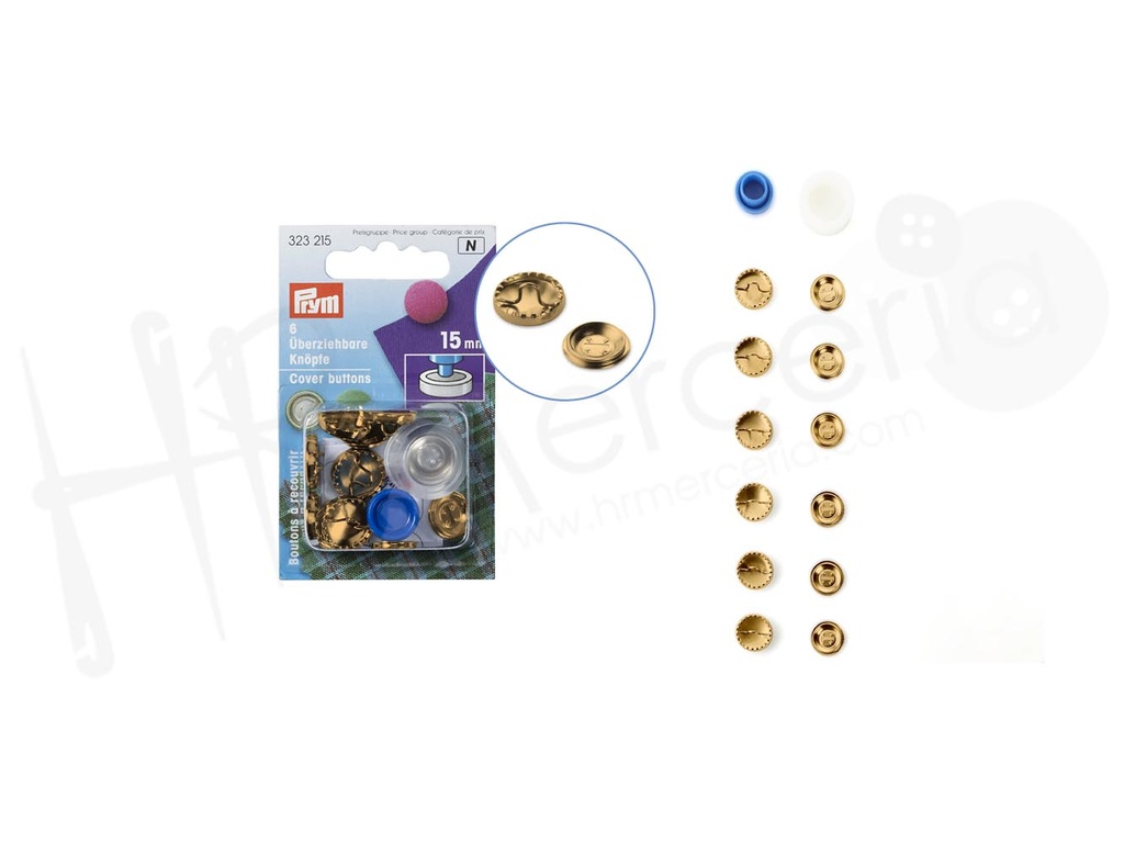 Botones revestible 15 mm dorado 6pz + herramienta