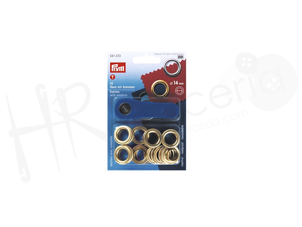 Ojetes y arandelas 14mm+herr. dor. 10 pz