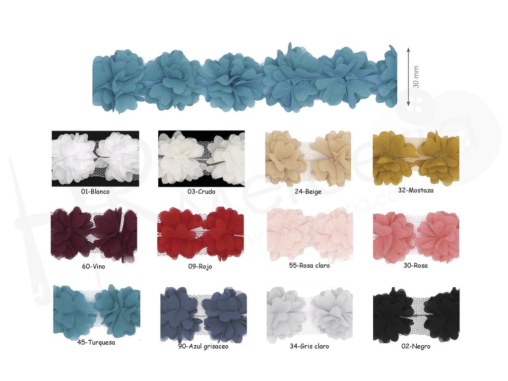 Tira flores organza 30 mm 333724 pza 10 mts