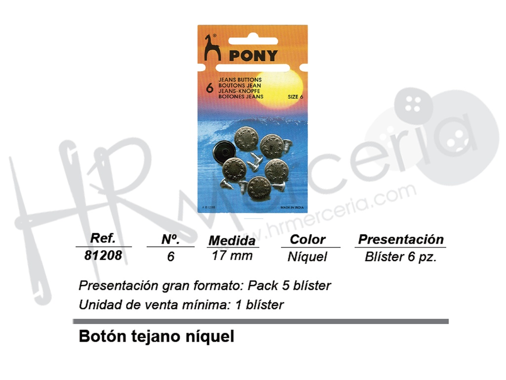 Boton vaquero niquel pack 6 pz