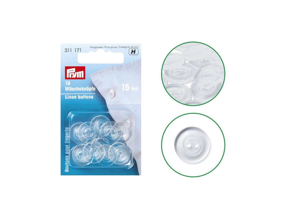 Botones lavables 15 mm transp pack 18 pz.