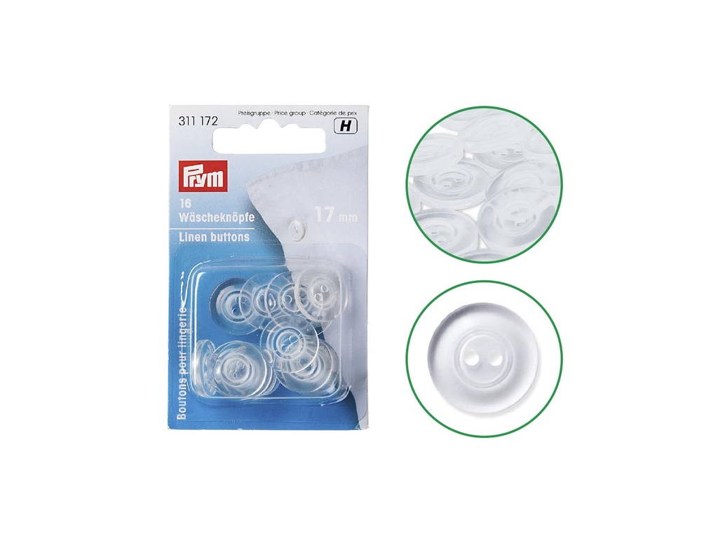 Botones lavables 17 mm transp pack 16 pz.