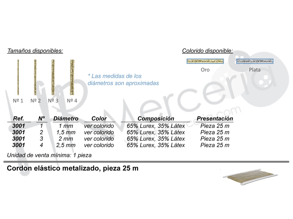 Cordon elastico metalizado 3001 pieza 25 M.