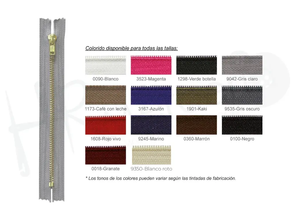 Cremallera metal laton 4,5 cerrada diente oro Pack 5 pz.