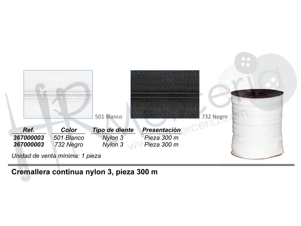 Cremallera continua nylon 3 pieza 300 M