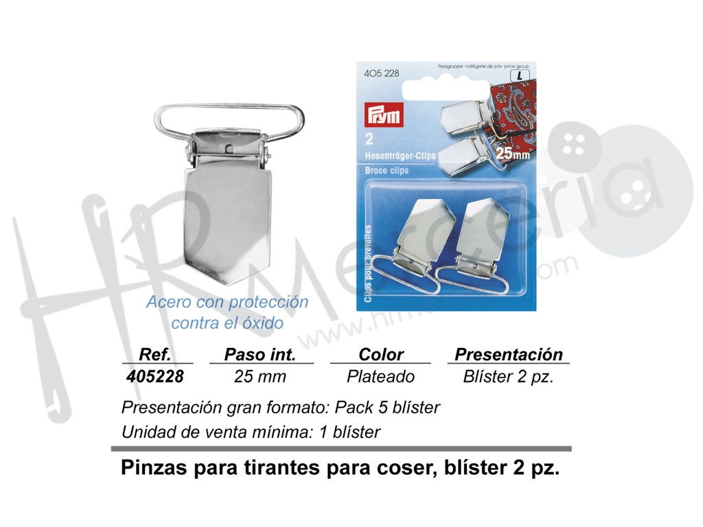 Pinzas p. tirantes 25 mm acero plata 2 pz