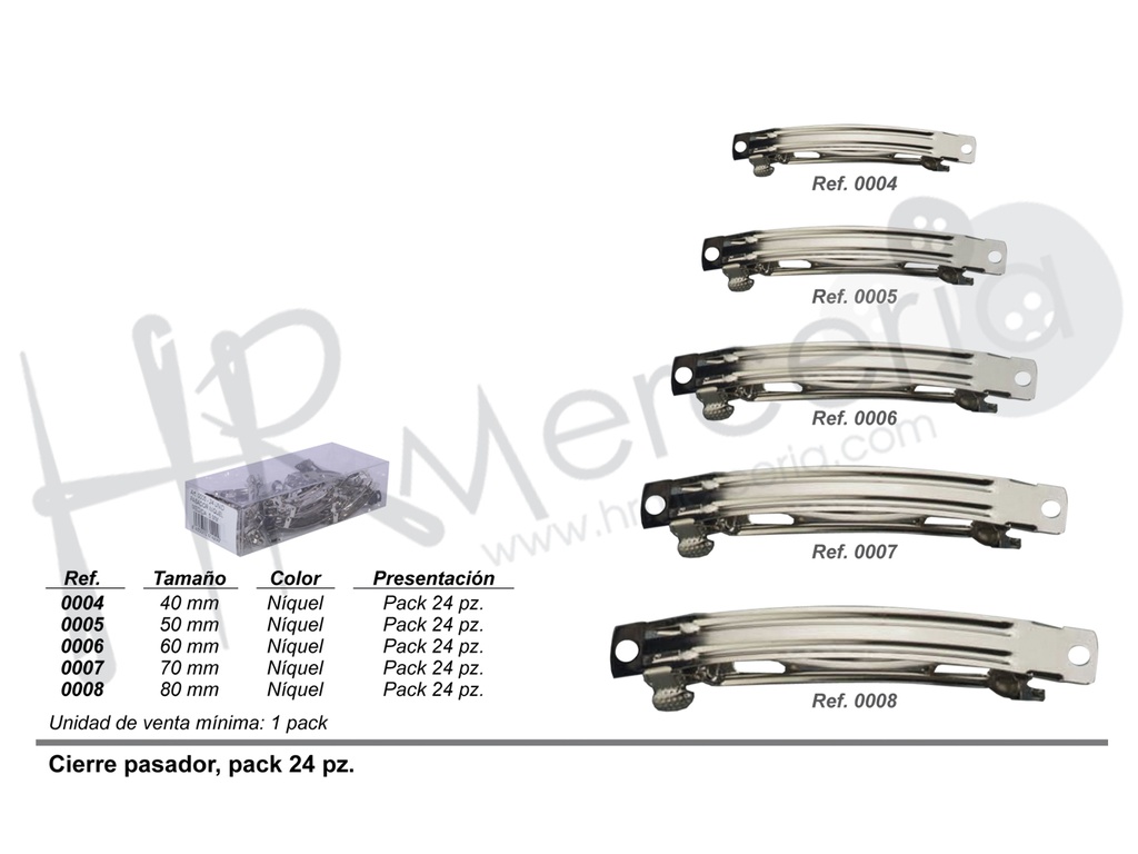 Cierre pasador 6 cm pack 24 unid niquel