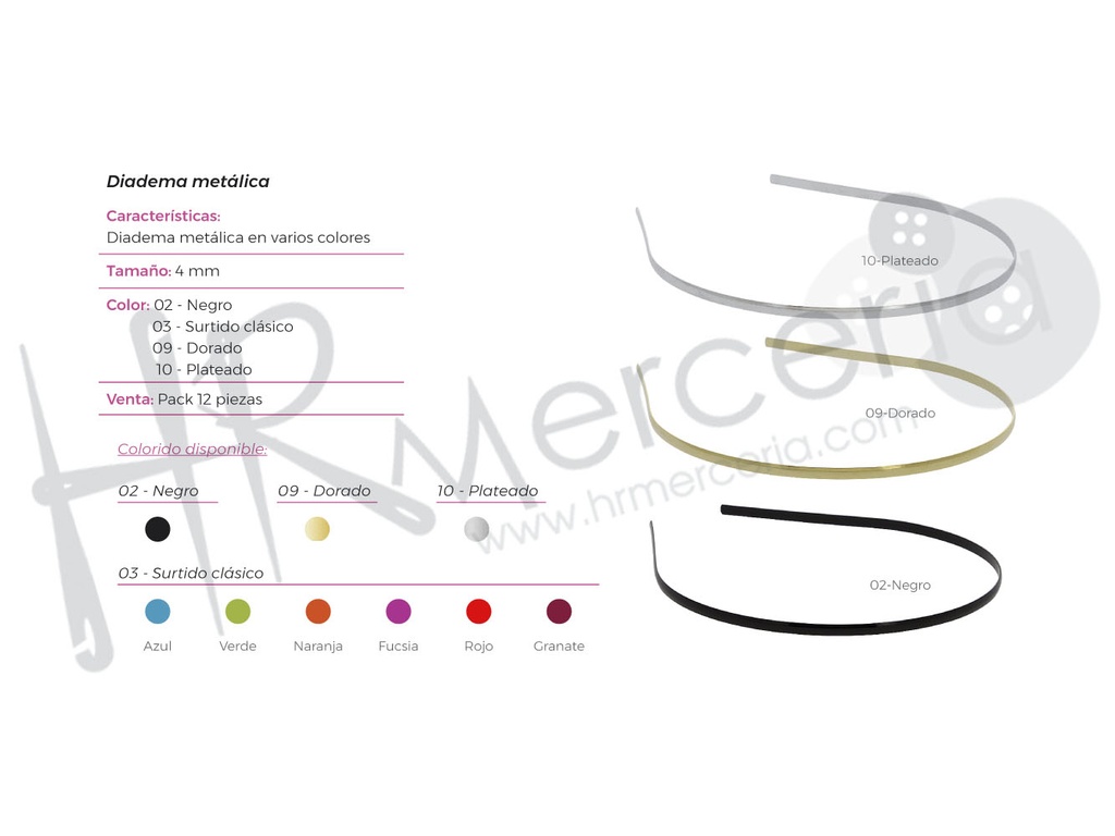Diadema metalica 4mm 70013 pack 12 pz
