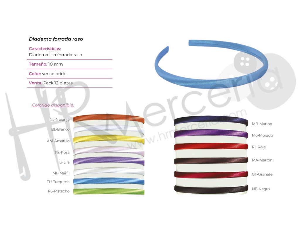 Diadema 1 cm forrada raso Pack 12 uds.